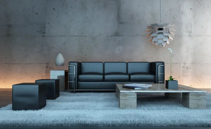Modern living room with a black leather sofa