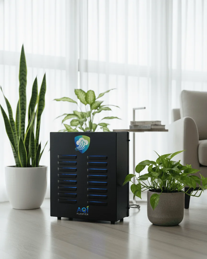 Illustration of the Air Purifier XR2 in black in a bright living room with plants